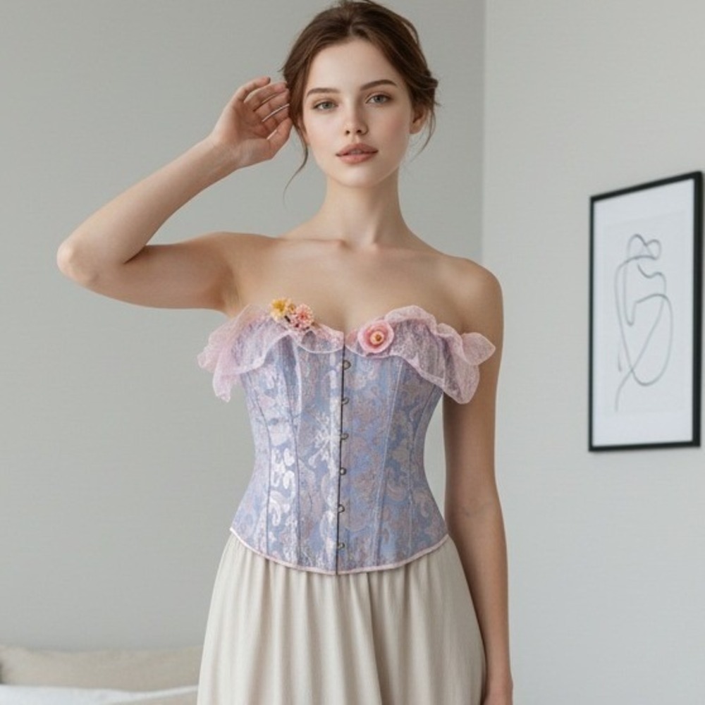 Romantic XL‎ Fairy Corset Top Lace Trim Bustier Brocade Pink Ribbon Back Corset